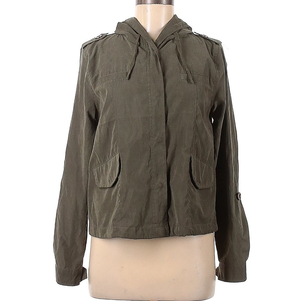 Sweet Wanderer Olive Green LtWeight Hooded Zip Snap Front Jacket size M